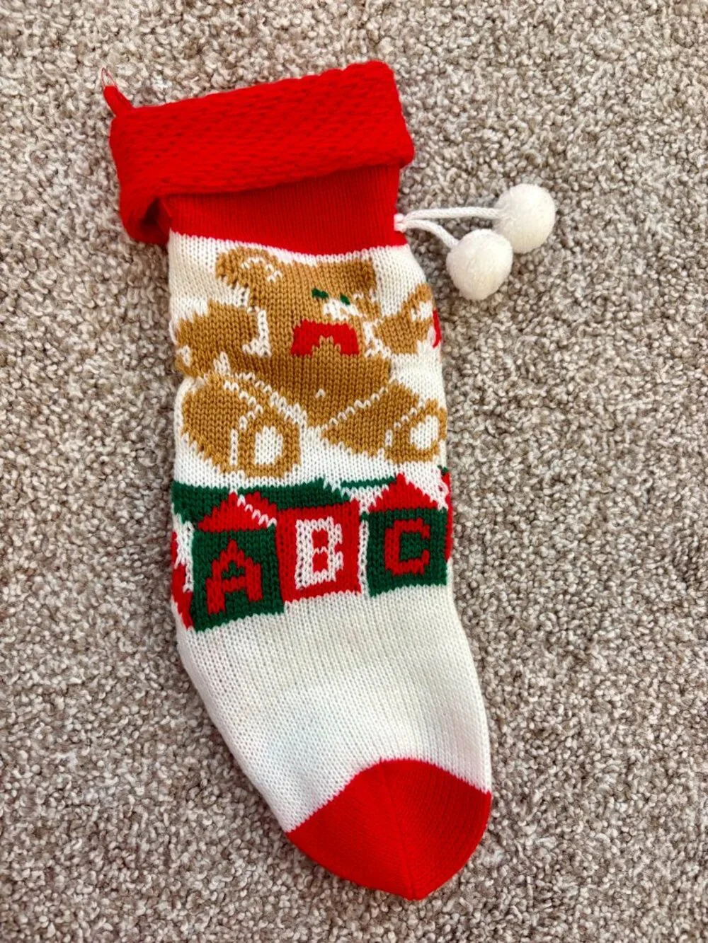 Christmas Stocking Vintage Knit Teddy Bear ABC Blocks 13